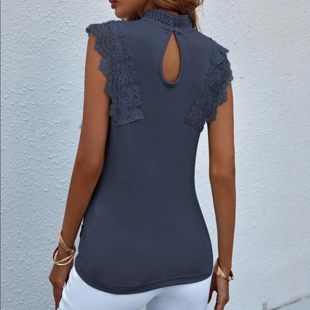 Navy blue mock neck lace sleeveless blouse - Picture 3 of 5